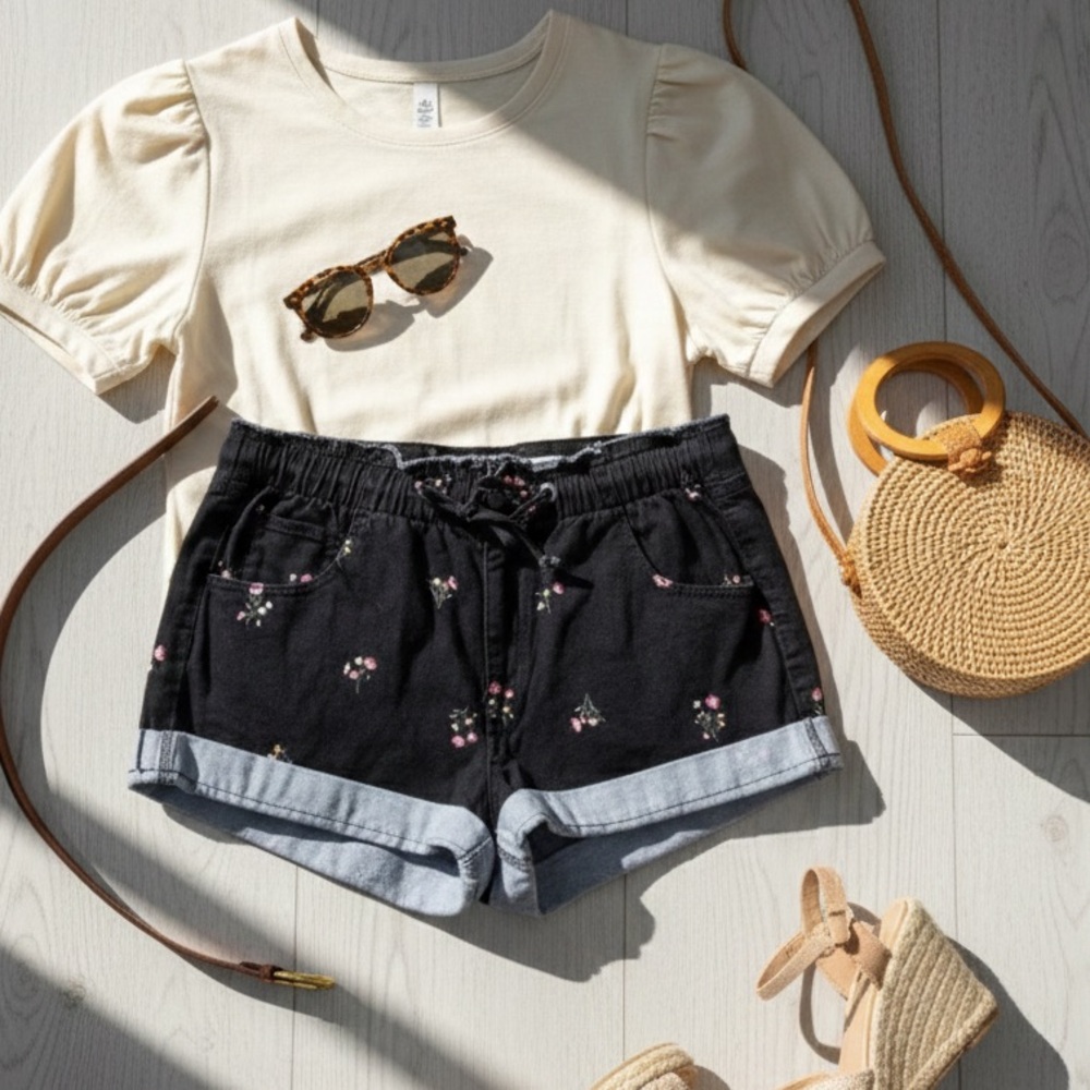 Women’s Black Floral Denim Shorts